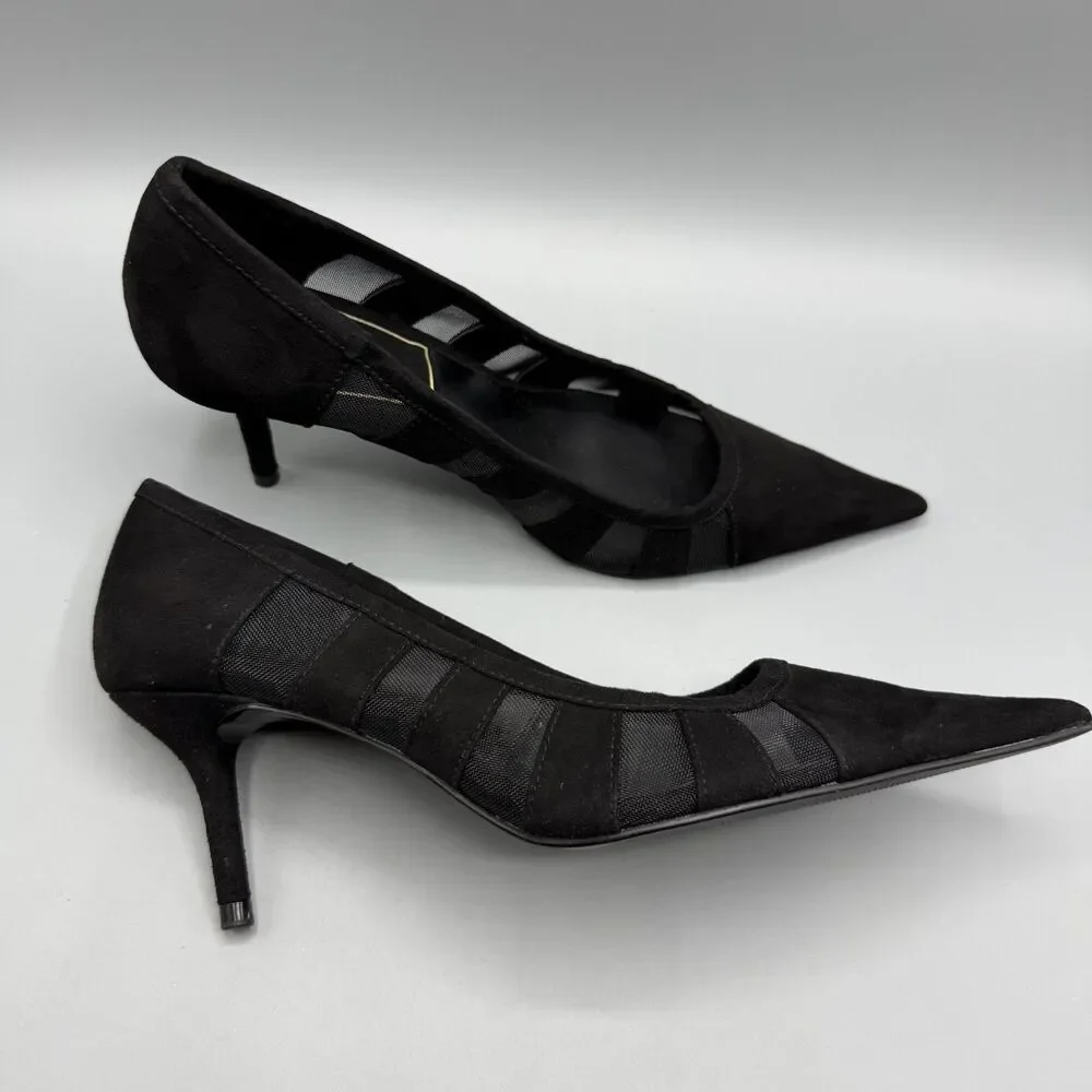 Zara Black Kitten Heels Pointed Toe Mesh Stripe Detailing Size EU 40 US 9